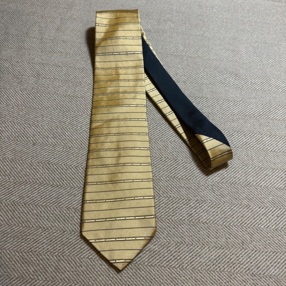 Tommy Hilfiger Silk Tie Gold Navy Blue Striped Geometric Crest Lining USA Made